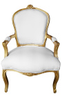 Liudviko XV stiliaus balto audinio ir aukso medienos fotelis