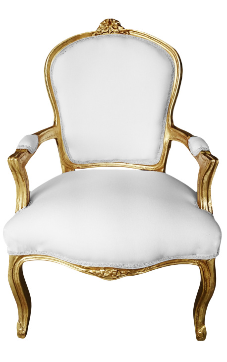 Lenestol av hvitt stoff i Louis XV-stil og gulltre - 1