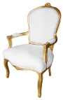 Fotel z białej tkaniny w stylu Ludwika XV i złotego drewna