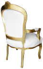 Poltrona Louis XV estilo barroco em tecido branco e madeira dourada - 6