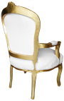 Poltrona estilo Luís XV em tecido branco e madeira dourada