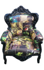 Big baroque style armchair comics printed velvet and black wood - 1