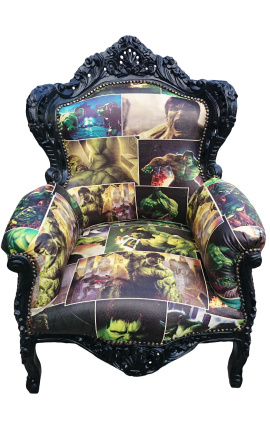 Duży fotel w stylu barokowym ze sztucznej skóry z komiksowym nadrukiem i czarnym drewnem