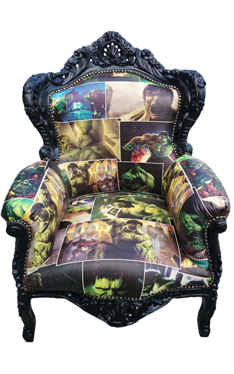 Big baroque style armchair comics printed velvet and black wood - 1