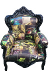 Big baroque style armchair leatherette comics print and black wood