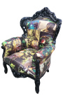 Big baroque style armchair faux leather comics print and black wood