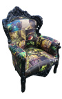 Grote fauteuil in barokstijl kunstleer strips print en zwart hout