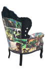 Grand fauteuil de style baroque simili cuir décor bande dessinée et bois noir