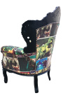 Grand fauteuil de style baroque simili cuir décor bande dessinée et bois noir