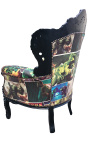 Grote fauteuil in barokstijl kunstleer strips print en zwart hout