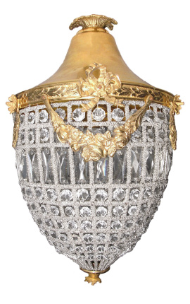 Grande lampadario con pendagli in vetro trasparente con bronzi dorati