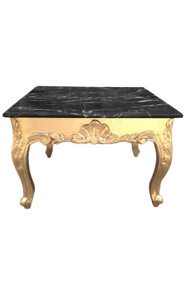 Table basse carrée de style baroque avec bois doré et marbre noir