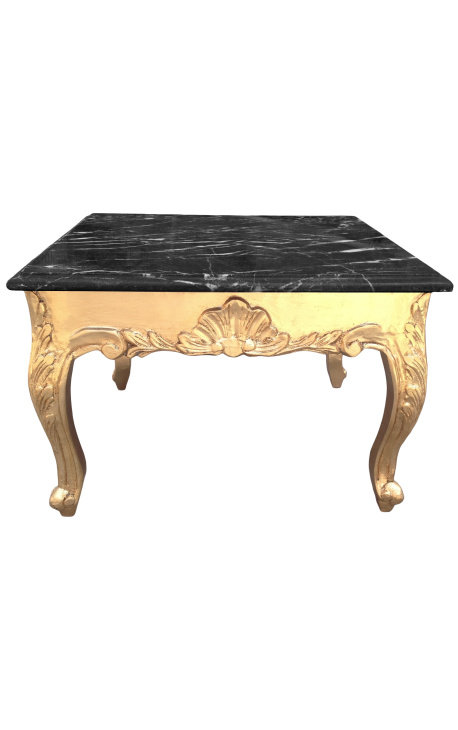 Kvadratna baročna klubska mizica s pozlačenim lesom in črnim marmorjem