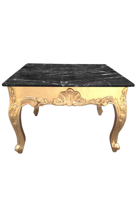 Table basse carrée de style baroque avec bois doré et marbre noir