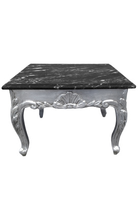 Mesa de centro quadrada de estilo barroco com madeira prateada e mármore preto