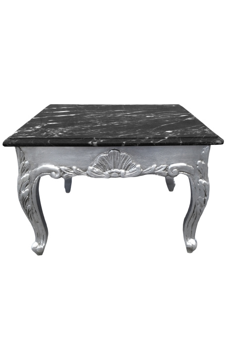 Mesa de centro quadrada estilo barroco com madeira prateada e mármore preto