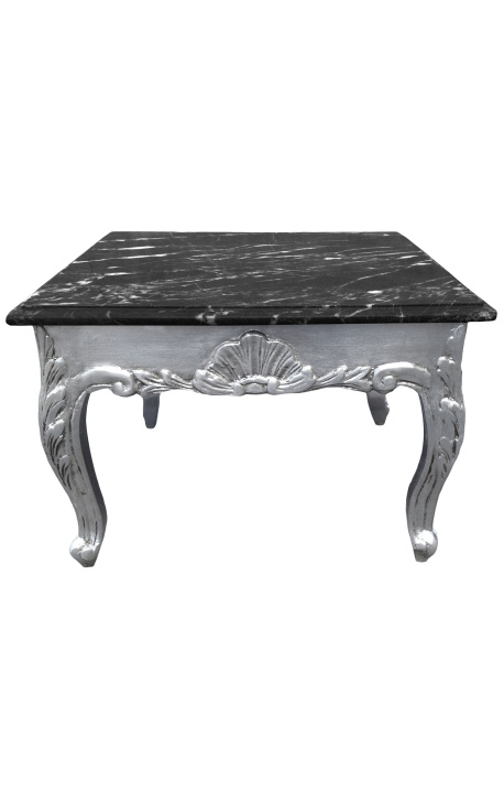 Neliönmuotoinen barokkisohvapöytä hopeoidulla puulla ja mustalla marmorilla
