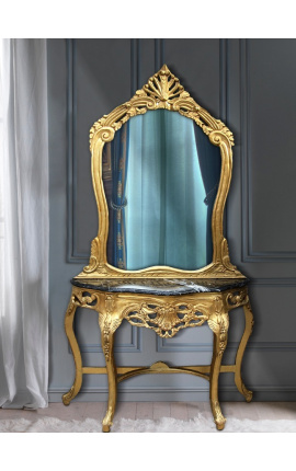 Console avec miroir de style baroque en bois doré et marbre noir