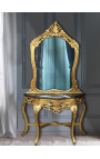 Consola com espelho estilo barroco em madeira dourada e mármore preto
