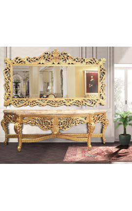 Enorme console avec miroir de style baroque en bois doré et marbre beige