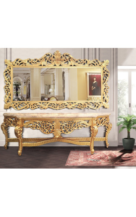 Enorme consolle con specchiera in stile barocco in legno dorato e marmo beige