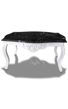 Mesa de café estilo barroco madera lacada blanca con tapa de mármol negro