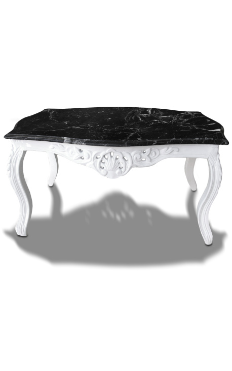 Barokk stílusú, fehérre lakkozott fa dohányzóasztal fekete márványlappal