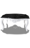 Table basse de salon de style baroque en bois laqué blanc avec marbre noir