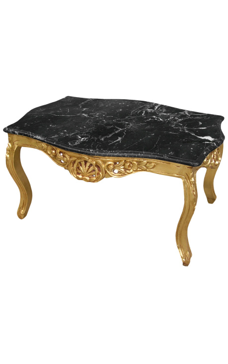 Tavolino da salotto in stile barocco in legno dorato con marmo nero