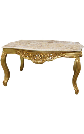 Mesa de centro de estilo barroco en madera dorada con mármol beige
