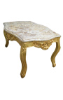Tavolino da salotto in stile barocco in legno dorato con marmo beige