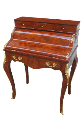 Louis XV-stil skrivebordssylindersekretær med 7 skuffer med intarsia