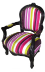 Fauteuil baroque enfant tissu rayé multicolore avec bois laqué noir