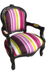 Fauteuil baroque enfant tissu rayé multicolore avec bois laqué noir