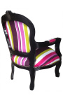 Fauteuil baroque enfant tissu rayé multicolore avec bois laqué noir