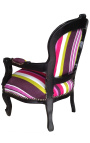 Fauteuil baroque enfant tissu rayé multicolore avec bois laqué noir