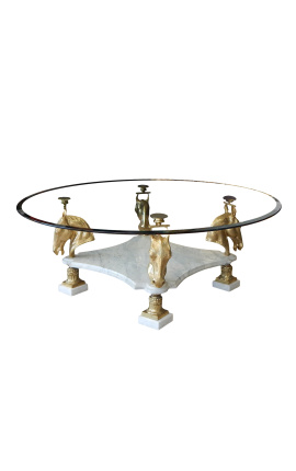Mesa redonda con decoración de caballos de bronce y mármol blanco