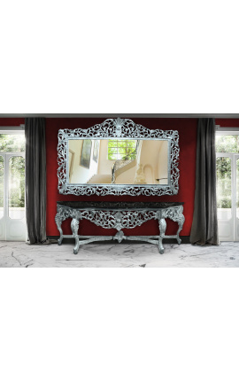 Enorme console avec miroir de style baroque en bois argenté et marbre noir