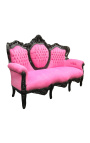 Tesatura canapea baroc catifea roz si lemn lacuit negru
