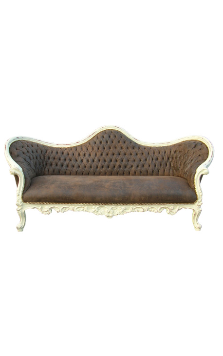 Canapé baroque Napoléon III tissu chocolat et bois beige patiné