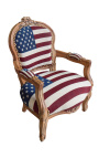 Fauteuil baroque enfant drapeau américain et bois naturel