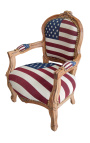 Baroque armchair for child Louis XV style american flag and natural wood