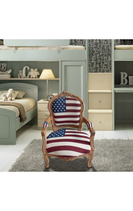 Fauteuil baroque enfant drapeau américain et bois naturel