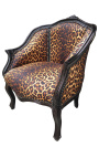 Bergere armchair Louis XV style with leopard fabric and glossy black wood