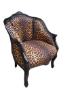 Bergere-Sessel im Louis-XV-Stil mit Leopardenstoff und glänzend schwarzem Holz