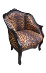Bergere armchair Louis XV style with leopard fabric and black shine wood