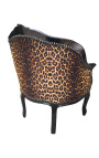 Bergere armchair Louis XV style with leopard fabric and glossy black wood