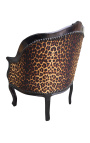 Bergere fauteuil Lodewijk XV-stijl met luipaardstof en glanzend zwart hout