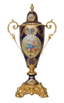 Grand vase en céramique émaillée bleu avec bronzes