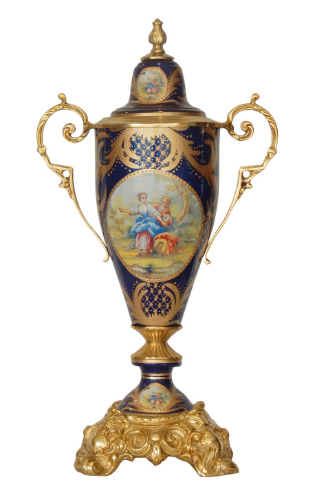 Grande vaso in ceramica smaltata blu con bronzi